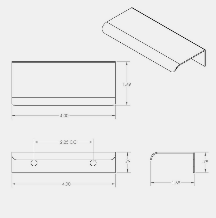 Technical dimension drawing of a CBH 261 Drawer Edge Pull, showing multiple orthographic views with measurements on a light gray background.