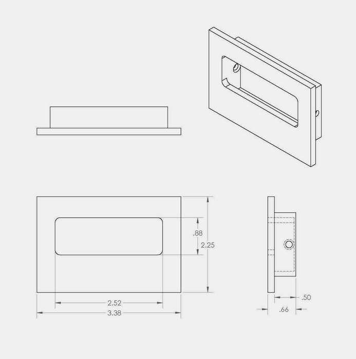 Technical line drawing showing multiple orthographic views and aCBH 335 Rectangular Flush Pull with dimension annotations on a light gray background.