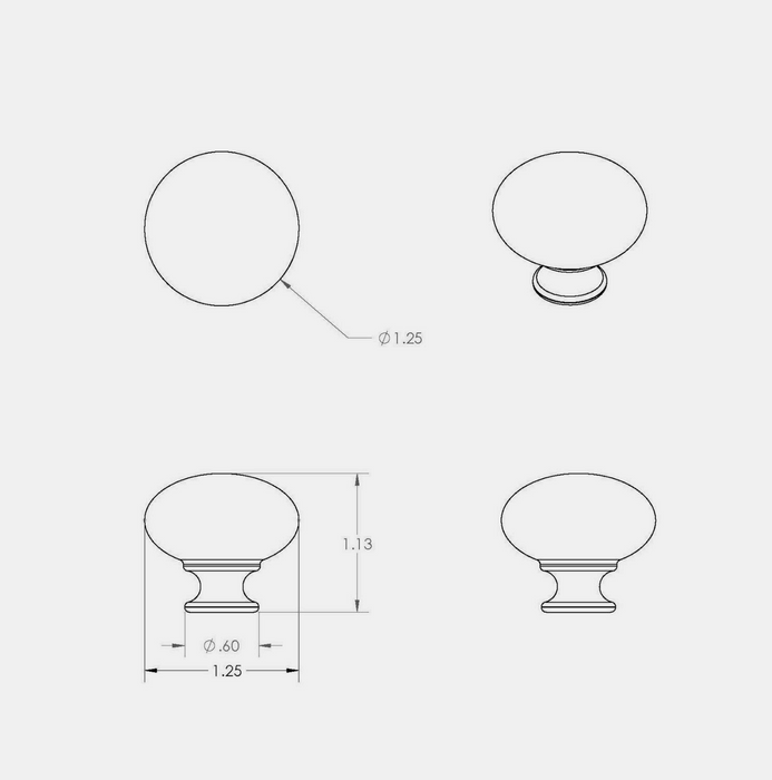 Technical line drawing showing a CBH 502 Classic Dome Cabinet Knob from three angles with dimensions.