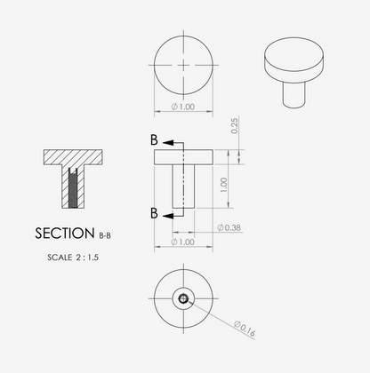 Technical drawing of a CBH 503 Minimalist Round Cabinet Knob with dimensions, showing a 3D perspective view, front and top views, and a section view labeled SECTION B-B on a light gray background.
