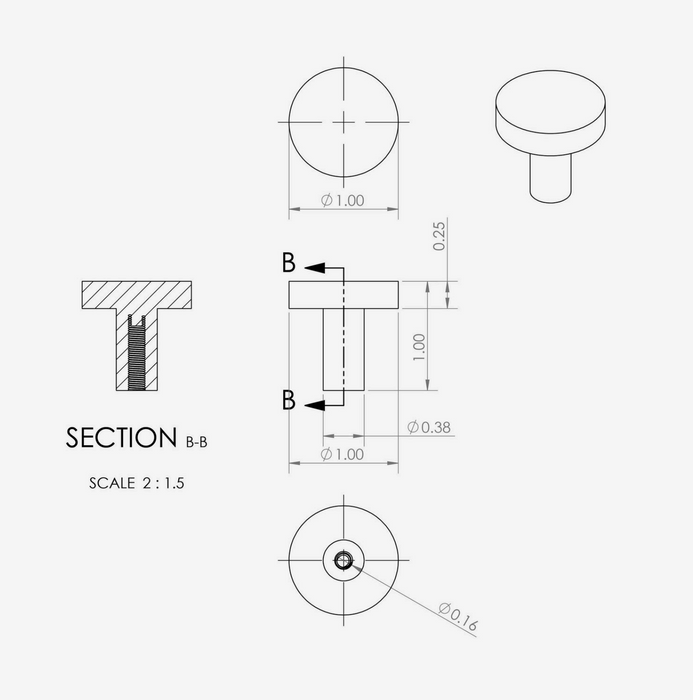 Technical drawing of a CBH 503 Minimalist Round Cabinet Knob with dimensions, showing a 3D perspective view, front and top views, and a section view labeled SECTION B-B on a light gray background.