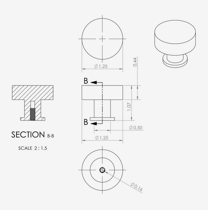 Technical drawing of a CBH 505 Minimalist Round Cabinet Knob with section views, dimensions, and a small 3D rendering on a light gray background.