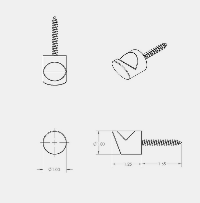 Technical drawing of a coat hook and screw and its components on a white background
