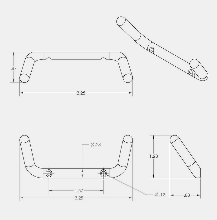 Technical line drawing showing multiple orthographic views and dimensions of a CBH 85 Low-Profile Twin Rod Coat Hook
 on a light gray background.