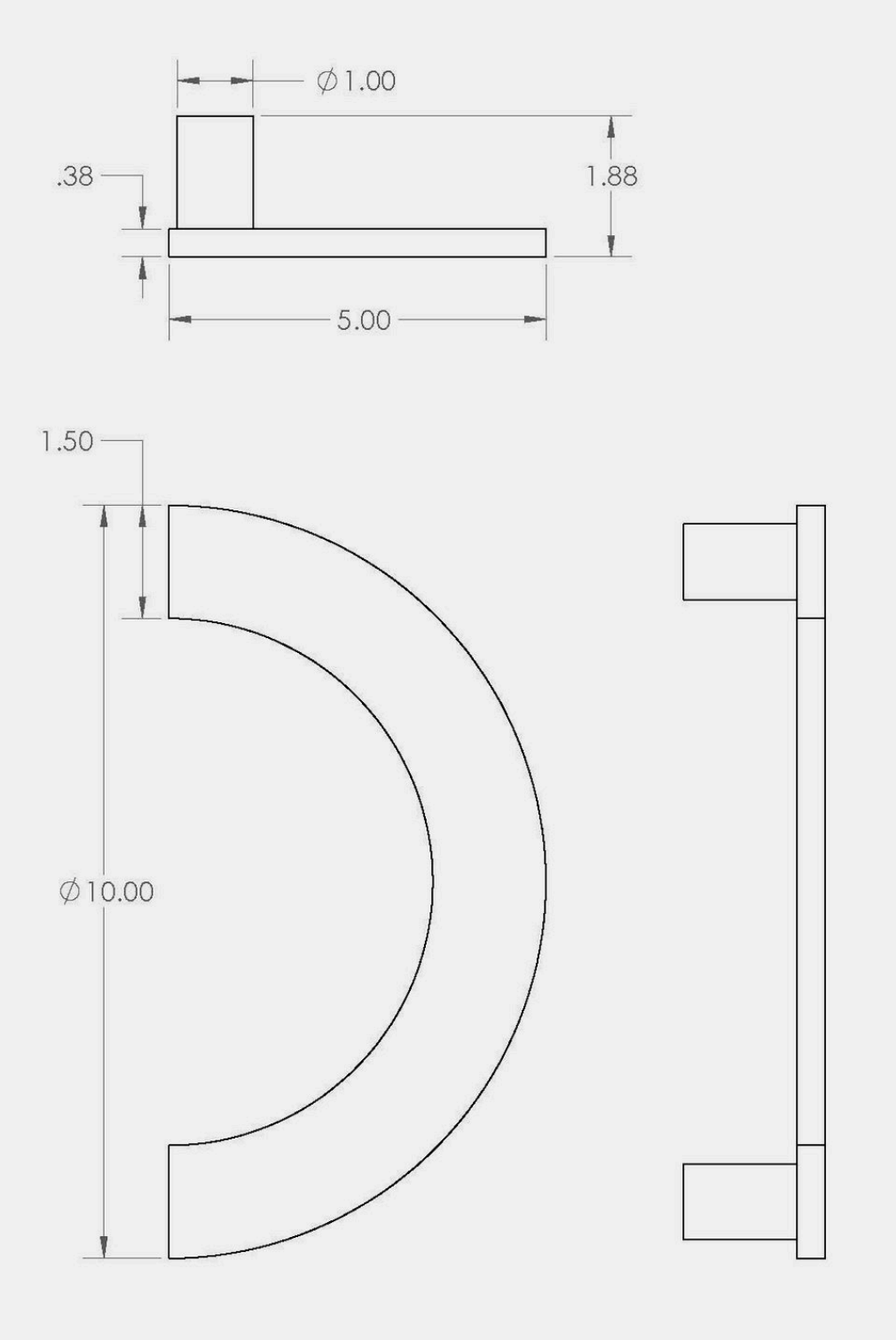 Technical dimension drawing of a CBH 1270 Curved Ladder-Style Door Pull, showing front, side, and top views with measurements.