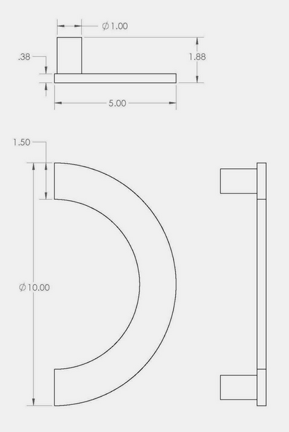 Technical dimension drawing of a CBH 1270 Curved Ladder-Style Door Pull, showing front, side, and top views with measurements.