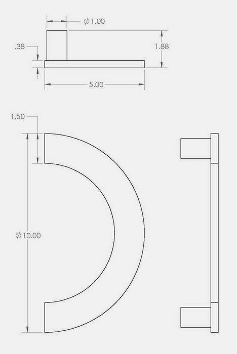 Technical dimension drawing of a CBH 1270 Curved Ladder-Style Door Pull, showing front, side, and top views with measurements.