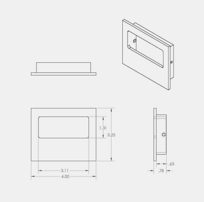 Technical dimension drawing of a CBH 340 Rectangular Flush Pull, showing front, side, and perspective views with measurements on a light gray background.