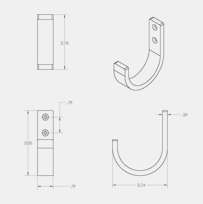 Technical drawing of a rounded coat hook with dimensions on a white background.