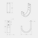 Technical drawing of a rounded coat hook with dimensions on a white background.