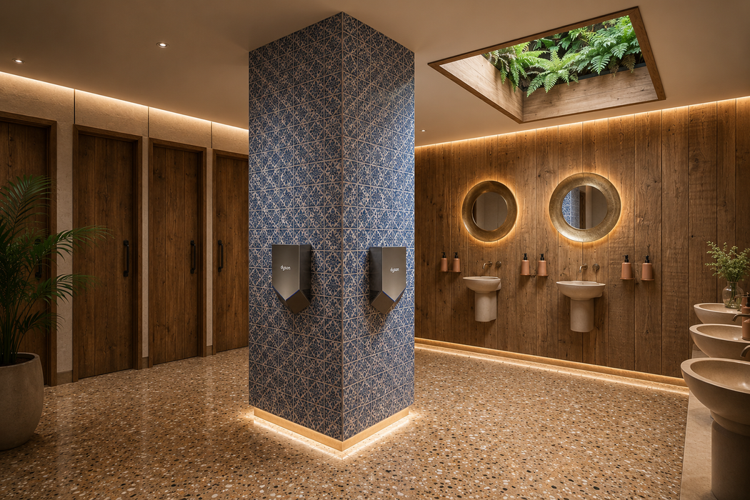 Dyson Airblade V hand dryers installed in a premium commercial washroom with blue tiled feature wall, warm wood interiors, terrazzo flooring, and luxury modern lighting.