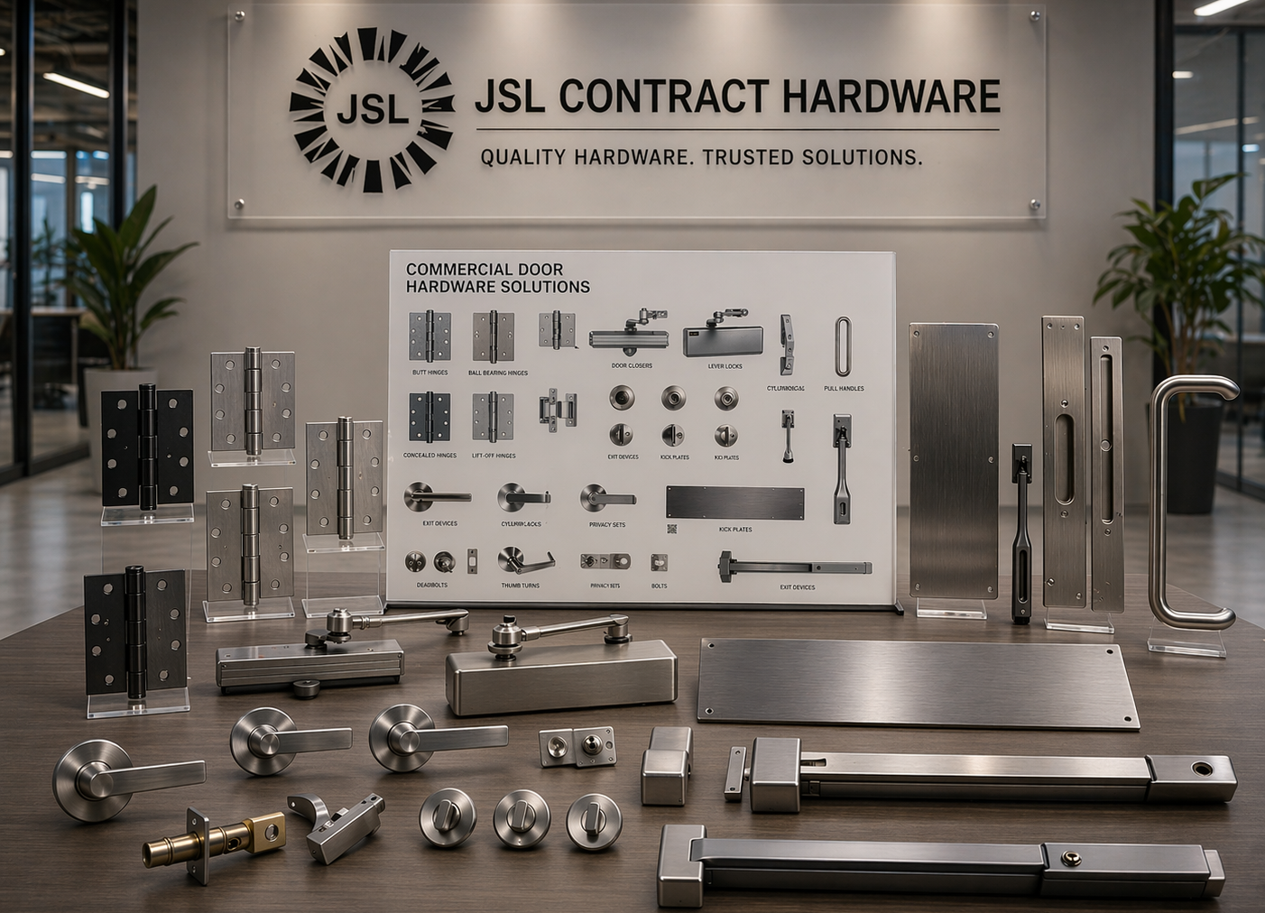 JSL Contract Hardware display with various hardware components on a wooden surface, branded wall in the background.