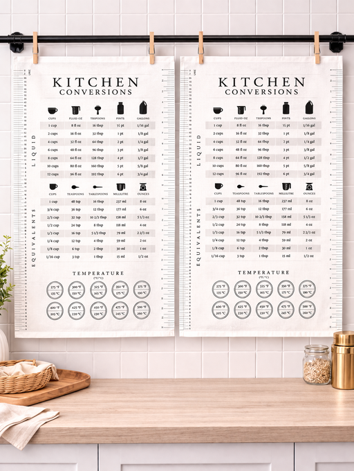 Set of 2 kitchen conversion cotton towels hanging in kitchen with cooking measurement chart design