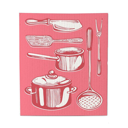 Swedish dishcloth with kitchen utensils illustration red background reusable cloth