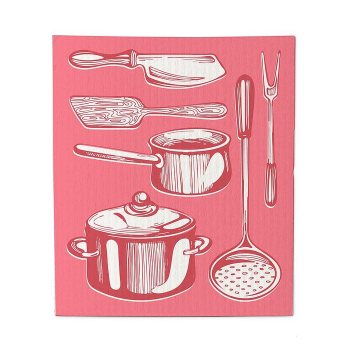 Swedish dishcloth with kitchen utensils illustration red background reusable cloth