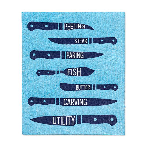 Swedish dishcloth with kitchen knives illustration blue background reusable cloth