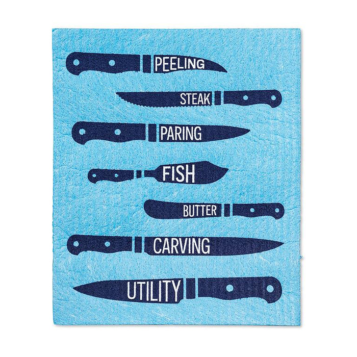 Swedish dishcloth with kitchen knives illustration blue background reusable cloth