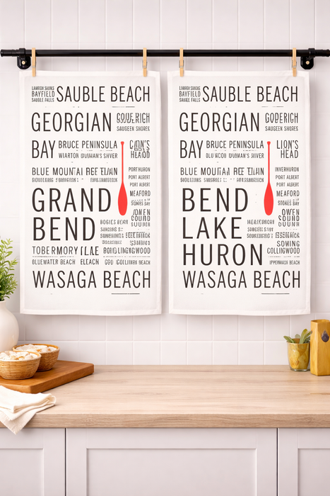 Lake Huron cotton kitchen towels styled in modern kitchen setting