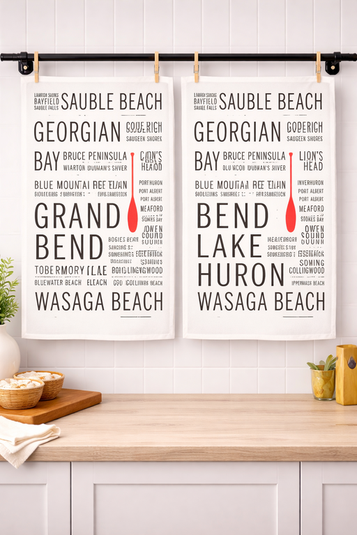 Lake Huron cotton kitchen towels styled in modern kitchen setting