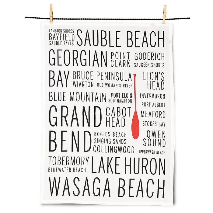 Lake Huron names kitchen towel set of 2 cotton dish towels with black typography design