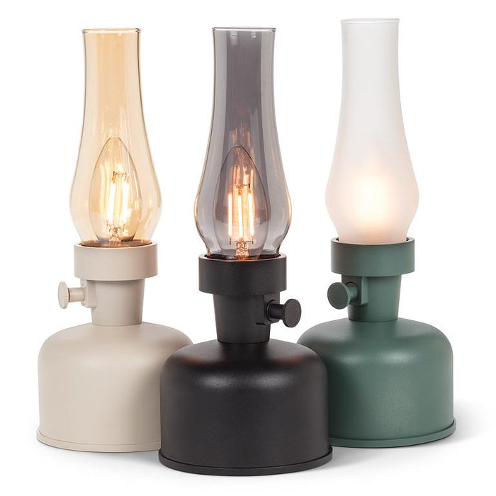 Lantern LED lamps in ivory, black and green finishes with glass chimneys
