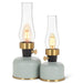 Grey lantern LED lamps with glass chimneys and warm Edison bulbs