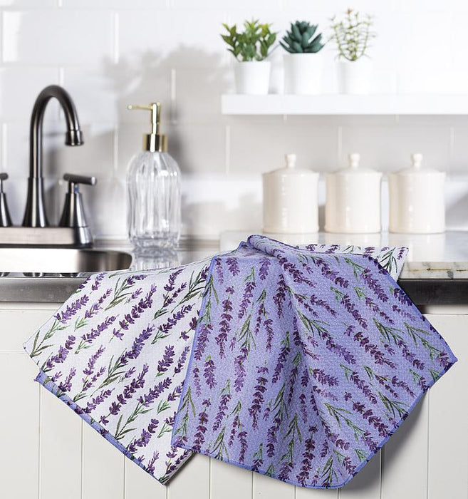 Lavender kitchen towels in modern kitchen setting soft purple dish towels near sink