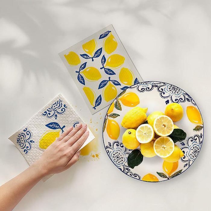 lemon Swedish dishcloth used in kitchen with fresh lemons eco friendly cleaning cloth