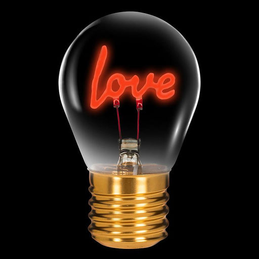 Love neon LED light bulb with red neon filament glowing on black background