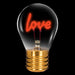 Love neon LED light bulb with red neon filament glowing on black background