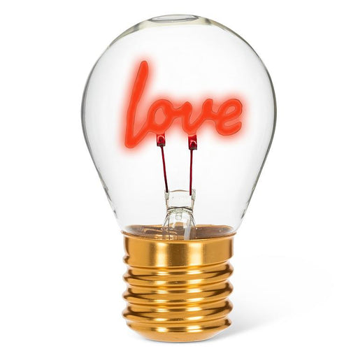 Love neon LED light bulb with red glowing filament in clear glass on white background