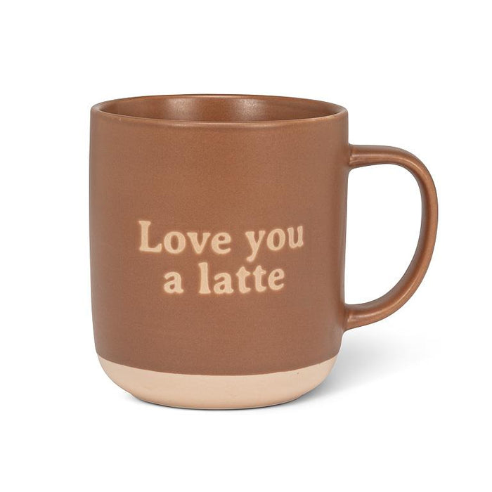Tan 15 oz bone china mug featuring the words Love You a Latte