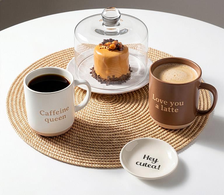 Tan Love You a Latte mug styled with coffee, dessert and an ivory quote mug