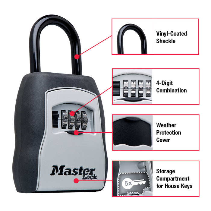 Master Lock 5400D features including four-digit combination, weather cover and vinyl-coated shackle