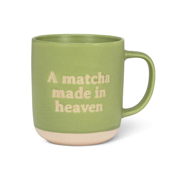 Green 15 oz bone china mug featuring the words A Matcha Made in Heaven