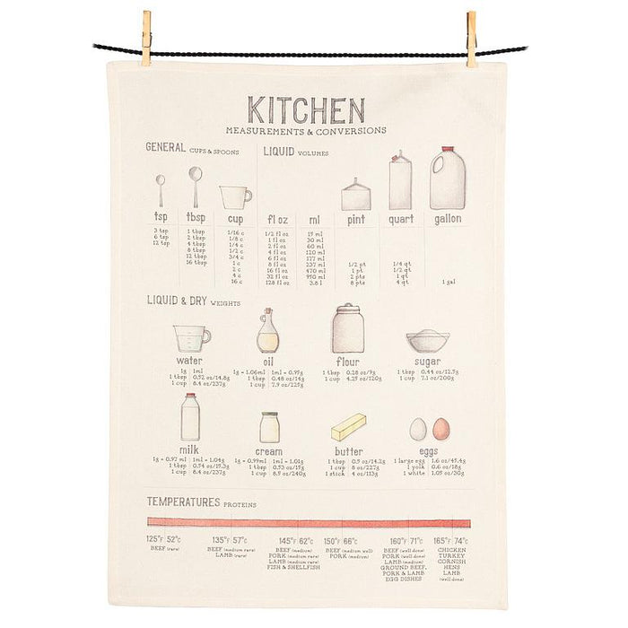 Measurement conversions kitchen towel with cooking units guide on cotton fabric