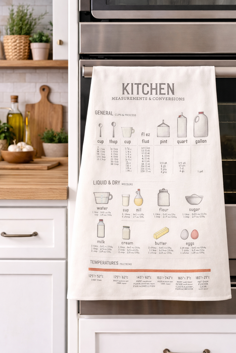 Measurement conversion kitchen towel displayed in modern kitchen for cooking reference