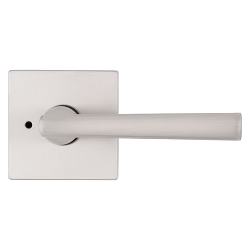 Side angle view of Weiser Montreal square privacy door lever with modern square rosette