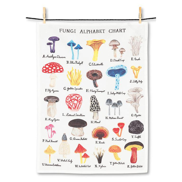 Mushroom alphabet cotton kitchen towel featuring illustrated fungi from A to Z on white fabric