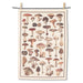 Mushroom print cotton kitchen towel featuring botanical illustration of various mushrooms