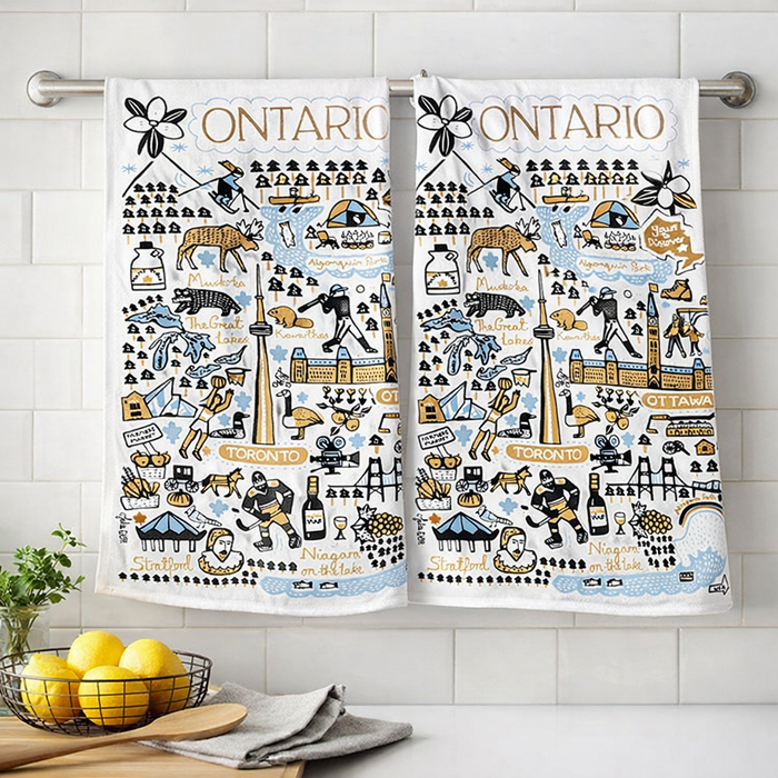 Set of 2 Ontario landmarks kitchen towels displayed in kitchen with colorful illustrated design