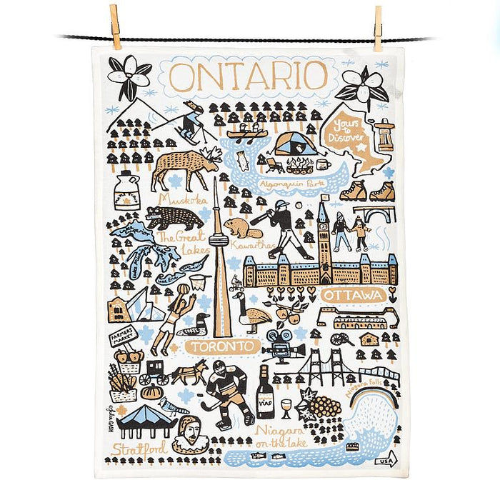 Ontario landmarks cotton kitchen towel featuring illustrated map design with Canadian locations