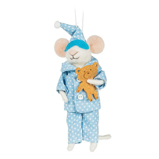Pajama mouse ornament holding teddy bear blue felt decoration