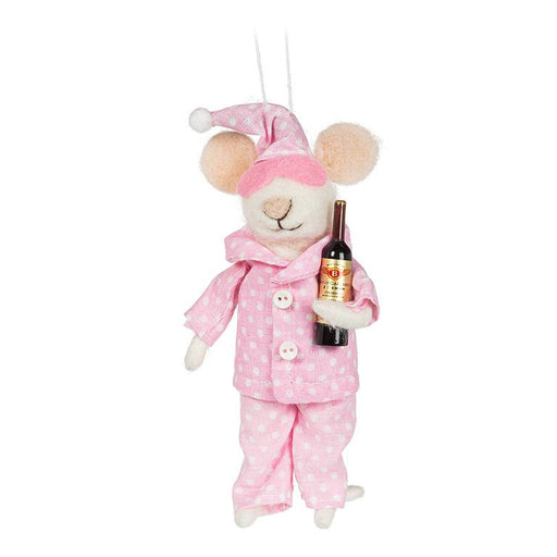 Pajama mouse ornament holding wine bottle pink felt decoration
