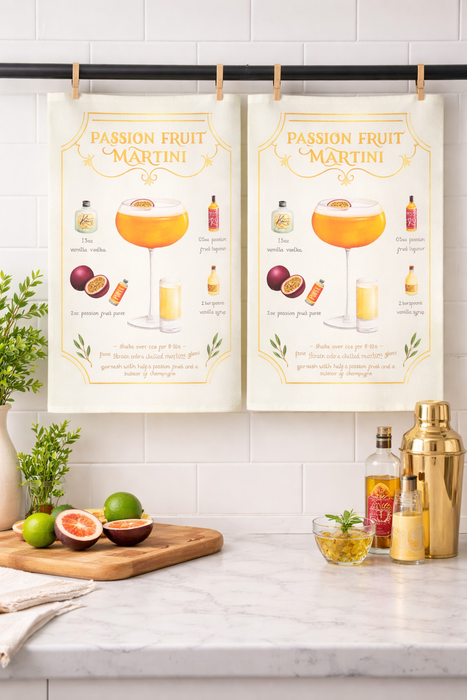 Cocktail themed kitchen towels styled in modern kitchen or home bar setting