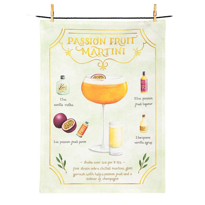 Passion Fruit Martini kitchen towel set of 2 cotton dish towels with cocktail recipe design