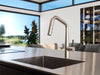 Side profile of Pfister Asari brushed nickel pull-down kitchen faucet