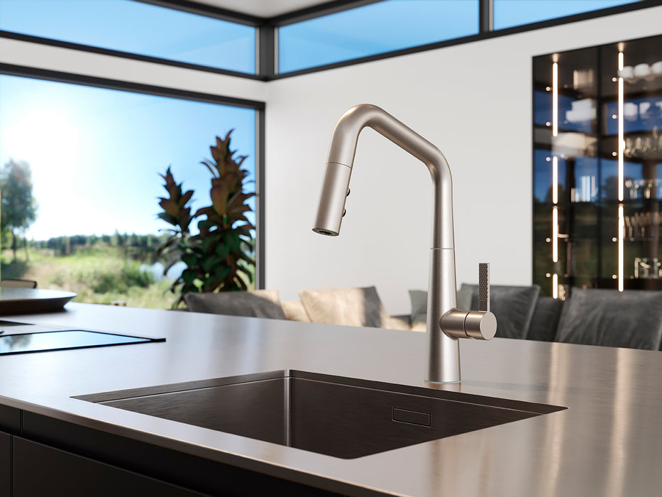 Side profile of Pfister Asari brushed nickel pull-down kitchen faucet