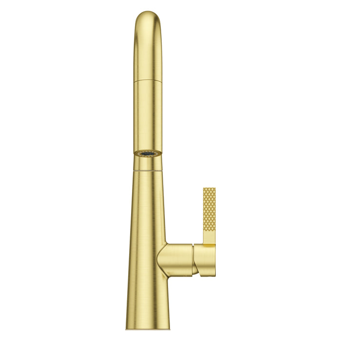 Angled view of Pfister Asari brushed gold pull-down kitchen faucet