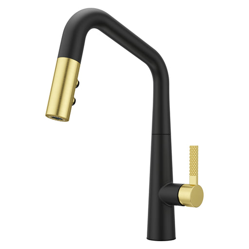 Pfister Asari pull-down kitchen faucet matte black with brushed gold handle and spray head